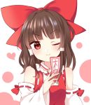  1girl ;) bangs bare_shoulders blouse blunt_bangs blush bow brown_hair commentary detached_sleeves frilled_shirt_collar frills hair_bow hair_tubes hakurei_reimu head_tilt heart highres large_bow looking_at_viewer ofuda one_eye_closed red_eyes smile solo touhou v-shaped_eyebrows yururi_nano 