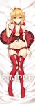  1girl ahoge arm_at_side arm_strap babydoll bangs bare_arms bare_shoulders bed_sheet bencao_gangmu_(19) black_bow black_choker blonde_hair bow breasts choker cleavage closed_mouth collarbone dakimakura english fate/extra fate_(series) frilled_panties frills from_above full_body gluteal_fold green_eyes groin hair_intakes highres large_breasts looking_at_viewer lying nero_claudius_(fate) nero_claudius_(fate)_(all) no_shoes on_back panties red_legwear red_panties revision shiny shiny_hair short_hair sidelocks smile solo thigh-highs thigh_gap underwear underwear_only 