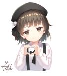  1girl aliter beret black_hat blush brown_eyes brown_hair closed_mouth collared_shirt commentary_request cropped_torso hands_up hat hatoba_tsugu head_tilt heart heart_hands highres long_sleeves looking_at_viewer shirt short_hair signature simple_background smile solo suspenders tsugu_hatoba upper_body white_background white_shirt 