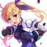  1girl bangs black_bodysuit black_gloves blonde_hair blue_ribbon blurry blurry_foreground bodysuit commentary depth_of_field fighting_stance gloves green_eyes hair_ribbon heterochromia jacket long_hair long_sleeves looking_at_viewer lyrical_nanoha magical_girl mahou_shoujo_lyrical_nanoha_vivid older open_mouth red_eyes ribbon rumeha_(aormsj22) side_ponytail smile solo standing upper_body vivio white_jacket 