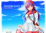  1girl breasts commentary_request curly_hair dragon_quest dragon_quest_ii dress dress_lift highres hood long_hair long_sleeves looking_at_viewer mizuya_chiharu princess_of_moonbrook purple_hair skirt skirt_lift smile solo standing white_dress white_robe 