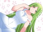  1girl bare_shoulders breasts commentary_request dress green_eyes green_hair hammer_(sunset_beach) large_breasts long_hair looking_at_viewer original smile solo strap_slip very_long_hair white_dress 