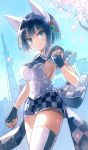  60mai animal_ears blue_hair bow breasts building checkered checkered_skirt cherry_blossoms city clenched_hand commentary_request eyebrows_visible_through_hair hair_ornament hand_up light_blue_eyes medium_breasts miniskirt original outdoors petals see-through short_hair skirt sky skyscraper smile thigh-highs zettai_ryouiki 