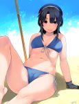  1girl arm_support beach beach_umbrella beret bikini black_gloves black_hair blue_bikini blue_hat blush breasts collarbone day gloves happa_(cloverppd) hat kantai_collection knee_up lips looking_at_viewer medium_breasts navel outdoors red_eyes sand shadow short_hair side-tie_bikini sitting smile solo swimsuit takao_(kantai_collection) umbrella underbust 
