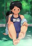  1girl barefoot black_eyes black_hair blue_swimsuit chain-link_fence dappled_sunlight fence full_body in_swimsuit jacket kantai_collection looking_at_viewer machinery mogami_(kantai_collection) name_tag school_swimsuit shade sitting smile smokestack solo sunlight swim_cap_removed swimsuit tooku_nomura_(artist) white_jacket 