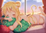  1girl animal_ears bed blonde_hair cat_ears commentary_request highres kin-iro_mosaic kujou_karen long_hair minato_(ojitan_gozaru) panties pink_panties sky slippers solo sun thighs underwear window 