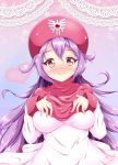  1girl breasts commentary_request curly_hair dragon_quest dragon_quest_ii dress graphite_(medium) hood large_breasts long_hair long_sleeves looking_at_viewer princess_of_moonbrook purple_hair smile solo standing traditional_media white_dress white_robe 