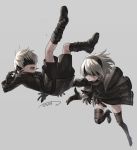  1boy 1girl black_dress black_footwear black_gloves black_headband black_legwear black_shirt blindfold breasts commentary_request dress falling gloves grey_background long_sleeves medium_breasts nier_(series) nier_automata open_mouth outstretched_arms puffy_sleeves sakanahen shirt short_hair signature silver_hair simple_background thigh-highs yorha_no._2_type_b yorha_no._9_type_s 