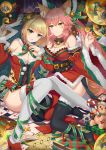  2girls animal_ears bell black_legwear blonde_hair blush bow breasts candy candy_cane chess_piece chessboard christmas cleavage closed_mouth envelope eyebrows_visible_through_hair fate/extra fate/grand_order fate_(series) food fox_ears fox_tail gift green_bow green_eyes green_ribbon hair_ornament hat heart high_heels highres hongse_beiyu large_breasts long_hair looking_at_another looking_at_viewer multiple_girls nero_claudius_(bride)_(fate) nero_claudius_(fate)_(all) parted_lips pink_hair ribbon santa_costume santa_hat short_hair sitting smile star stuffed_animal stuffed_toy tail tamamo_(fate)_(all) tamamo_no_mae_(fate) teddy_bear thigh-highs white_legwear yellow_eyes 
