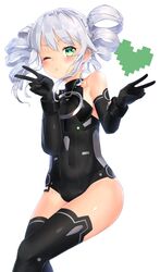  1girl black_sister blush breasts drill_hair elbow_gloves gloves green_eyes heart highres hitogata_ningen long_hair looking_at_viewer neptune_(series) one_eye_closed open_mouth smile solo symbol-shaped_pupils thigh-highs twin_drills v white_hair 