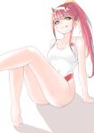  1girl bare_arms bare_legs barefoot breasts cleavage darling_in_the_franxx eyebrows_visible_through_hair full_body green_eyes half-closed_eyes highres horns legs licking_lips long_hair makeup mascara medium_breasts pink_hair ponytail shignonpencil sitting smile solo swimsuit tongue tongue_out zero_two_(darling_in_the_franxx) 