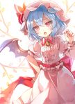  1girl 60mai bat_wings blue_hair commentary_request dress eyebrows_visible_through_hair fang frills hand_on_hip hand_up hat hat_ribbon mob_cap nail_polish open_mouth puffy_sleeves red_eyes red_nails red_ribbon remilia_scarlet ribbon short_hair short_sleeves solo touhou white_background wings wrist_cuffs 