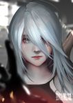  absurdres android blue_eyes close-up hair_over_eyes highres looking_at_viewer mole mole_under_mouth nier_(series) nier_automata pink_lips silver_hair tank_top teagirl-vn yorha_type_a_no._2 