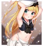  1girl 2drr :o adapted_costume aqua_eyes bangs black_bow black_sailor_collar black_shirt blonde_hair blush bow breasts collarbone cowboy_shot crop_top dutch_angle eyebrows_visible_through_hair groin hands_in_hair hat hat_bow hip_vent jervis_(kantai_collection) kantai_collection light_particles long_hair looking_at_viewer navel open_mouth outside_border sailor_collar sailor_hat shiny shiny_hair shirt sideboob skirt sleeveless small_breasts solo standing stomach tareme torn_clothes torn_shirt torn_skirt very_long_hair white_hat white_skirt 