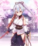  fate/grand_order fate_(series) glaring holding holding_weapon looking_at_viewer o_h_miona ponytail red_eyes slit_pupils sword thighs tomoe_gozen_(fate/grand_order) weapon white_hair 
