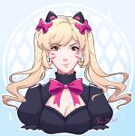  1girl alternate_costume animal_ears black_cat_d.va black_dress blonde_hair blue_background bow bowtie breasts cat_ears cleavage d.va_(overwatch) dress earrings eyebrows_visible_through_hair facepaint facial_mark frilled_dress frills hair_bow heart heart_earrings jewelry kwinr light_smile lips lolita_fashion looking_at_viewer medium_breasts outline overwatch pink_bow pink_lips puffy_short_sleeves puffy_sleeves short_sleeves signature smirk solo twintails upper_body whisker_markings 