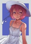  1girl bare_shoulders collarbone dress flat_chest hair_between_eyes hat looking_at_viewer original parted_lips pink_eyes pink_hair sharp_teeth short_hair sleeveless sleeveless_dress solo sun_hat sundress teeth two-tone_background upper_body white_dress white_hat zakusi 