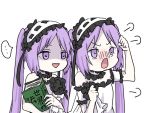 2girls bare_shoulders blush book choker clenched_hands damemoto_000 dress euryale fate/apocrypha fate/grand_order fate_(series) frills hairband holding holding_book lolita_hairband multiple_girls no_nose open_mouth purple_hair stheno strapless strapless_dress translated triangle_mouth twintails upper_body violet_eyes white_background 