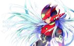  1boy alternate_costume android bishounen blue_hair capcom character_name copyright_name helmet highres ho-duki09 inti_creates long_hair male_focus rockman rockman_zero simple_background solo text upper_body white_background zero_(rockman) 