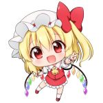  1girl :d arm_up bangs blonde_hair blush bow chibi cravat crystal eyebrows_visible_through_hair fang flandre_scarlet frilled_shirt_collar frilled_skirt frilled_sleeves frills full_body hair_between_eyes hat hat_bow hat_ribbon head_tilt kneehighs looking_at_viewer mary_janes medium_hair mob_cap open_mouth outstretched_arm puffy_short_sleeves puffy_sleeves red_bow red_eyes red_footwear red_ribbon red_skirt red_vest ribbon shiny shiny_hair shirt shoes short_sleeves side_ponytail simple_background skirt skirt_set smile solo standing standing_on_one_leg suwa_yasai touhou v vest white_background white_hat white_legwear white_shirt wings wrist_cuffs yellow_neckwear 
