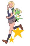  1boy 1girl angol_mois blonde_hair breasts commentary_request dark_skin frog hair_ornament keroro keroro_gunsou kuro-04 pleated_skirt school_uniform short_hair skirt sweater_vest 