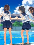  3girls :d back_cutout bare_legs barefoot black_hair blue-framed_eyewear blue_sailor_collar blue_skirt blue_sky blush brown_hair building clouds copyright_request day dripping from_behind glasses hand_holding highres kusakabe_(kusakabeworks) multiple_girls open_mouth pleated_skirt pool pool_ladder poolside round_teeth sailor_collar school see-through shiny shiny_skin shirt short_hair short_sleeves short_twintails skirt sky smile standing swimsuit swimsuit_under_clothes teeth twintails water water_drop wet wet_clothes wet_shirt white_shirt 