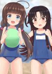  2girls :d absurdres ahoge ball bangs bare_arms bare_shoulders beach beachball black_hair blue_eyes blue_swimsuit blunt_bangs blush brown_hair collarbone covered_navel fang gluteal_fold hair_between_eyes hair_ribbon hand_up hands_up hank_(spider921) highres hinatsuru_ai holding holding_ball long_hair low_twintails multiple_girls ocean old_school_swimsuit open_mouth red_eyes red_ribbon ribbon ryuuou_no_oshigoto! sand school_swimsuit sidelocks smile swimsuit twintails upper_teeth very_long_hair water yashajin_ai 