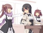  3girls black_hair braid brown_hair character_request closed_eyes hair_ornament hand_on_another&#039;s_face highres multiple_girls normaland princess_principal scarf school_uniform smile solo stephanie_(princess_principal) violet_eyes yellow_eyes 