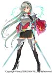  1girl armor armored_dress belt black_footwear black_skirt boots cape dual_wielding expressionless flower_knight_girl full_body grey_hair hairband holding holding_sword holding_weapon iltusa kinusaya_(flower_knight_girl) leotard long_hair looking_at_viewer official_art pleated_skirt red_cape red_eyes red_leotard simple_background skirt solo standing sword thigh-highs thigh_boots weapon white_background zettai_ryouiki 
