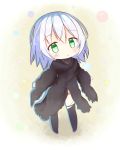  1girl :o bandage bandaged_hands bangs black_cloak black_footwear black_panties blush boots buckle chibi cloak commentary_request eyebrows_visible_through_hair facial_scar fate/apocrypha fate_(series) full_body green_eyes hair_between_eyes hoshino_(pwmp3573) jack_the_ripper_(fate/apocrypha) light_blue_hair long_sleeves looking_at_viewer medium_hair panties scar scar_on_cheek shadow shiny shiny_hair solo standing tareme thigh-highs thigh_boots turtleneck underwear 