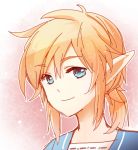  1boy bangs blonde_hair blue_eyes closed_mouth commentary_request eyebrows_visible_through_hair hair_between_eyes link looking_at_viewer male_focus pink_background portrait shangguan_feiying smile solo the_legend_of_zelda upper_body 