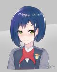  bangs blue_hair blush closed_mouth darling_in_the_franxx eyebrows_visible_through_hair green_eyes grey_background hair_ornament hairclip heart heart-shaped_pupils ichigo_(darling_in_the_franxx) jacket kuavera short_hair signature smile symbol-shaped_pupils twitter_username uniform upper_body 