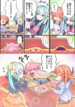  3girls :&gt; :&lt; ahoge animal_ears aqua_hair black_legwear blush bowl breasts casual closed_eyes closed_mouth cooking dragon_girl dragon_horns eating eyebrows_visible_through_hair fate/grand_order fate_(series) floral_print food fox_ears fox_tail fujimaru_ritsuka_(female) green_hair hair_ornament hair_scrunchie highres horns japanese_clothes kiyohime_(fate/grand_order) kotatsu large_breasts multiple_girls one_side_up open_mouth orange_eyes orange_hair pink_hair pot scrunchie side_ponytail sitting smile speech_bubble table tail tamamo_(fate)_(all) tamamo_no_mae_(fate) thigh-highs translation_request under_kotatsu under_table wisespeak yellow_eyes 