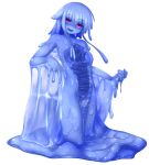  1girl :d blue_hair blue_sclera blue_skin eyebrows_visible_through_hair full_body goo_girl looking_at_viewer melting monster_girl nude open_mouth original red_eyes rethnick shaded_face simple_background smile solo tentacle_hair wet white_background 