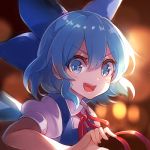  1girl 60mai :d backlighting bangs blue_bow blue_eyes blue_hair blue_vest blurry blurry_background bow cirno collared_shirt depth_of_field hair_bow ice ice_wings looking_at_viewer lowres neckerchief open_mouth puffy_short_sleeves puffy_sleeves red_neckwear red_ribbon ribbon shiny shiny_hair shirt short_hair short_sleeves smile solo tareme touhou upper_body v-shaped_eyebrows vest white_shirt wing_collar wings 