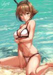  1girl anklet artist_name bangs between_legs bikini blush bracelet breasts brown_hair chains collarbone day eyebrows_visible_through_hair fingernails flipped_hair green_eyes hair_between_eyes hand_between_legs headgear jewelry kantai_collection large_breasts lips mutsu_(kantai_collection) nail_polish navel outdoors parted_lips pink_nails sakiyamama shallow_water shiny shiny_hair short_hair signature sitting skindentation smile solo strap_gap swimsuit wariza wet white_bikini 