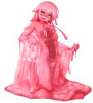  1girl :d eyebrows_visible_through_hair full_body goo_girl looking_at_viewer melting monster_girl nude open_mouth original pink_hair pink_sclera pink_skin rethnick shaded_face simple_background smile solo tentacle_hair wet white_background yellow_eyes 
