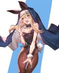  1boy blonde_hair blue_eyes blush bridget_(guilty_gear) bunnysuit commentary cuffs guilty_gear habit looking_at_viewer male_focus nun open_mouth oro_(sumakaita) pantyhose solo sweatdrop trap wrist_cuffs 