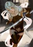  1girl android armlet banned_artist black_gloves black_shorts blue_eyes elbow_gloves gloves holding holding_sword holding_weapon katana long_hair nier_(series) nier_automata pink_lips robot_joints short_shorts shorts silver_hair sword tank_top thigh-highs torn_clothes weapon yorha_type_a_no._2 zumi_(zumidraws) 