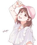  1girl adjusting_clothes adjusting_hat arm_up bangle bangs baseball_cap blunt_bangs blush bracelet brown_eyes brown_hair character_request collarbone commentary_request eyebrows_visible_through_hair hat jewelry kougi_hiroshi looking_at_viewer love_live! love_live!_sunshine!! pink_hat shirt short_hair short_sleeves simple_background solo tareme twitter_username upper_teeth white_background white_shirt 
