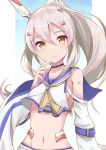  1girl akiyasu ayanami_(azur_lane) azur_lane bandaid_on_arm bangs bare_shoulders black_choker blush breasts brown_eyes choker closed_mouth commentary_request detached_sleeves eyebrows_visible_through_hair groin hair_between_eyes hair_ornament head_tilt headgear light_brown_hair long_hair long_sleeves medium_breasts navel school_uniform serafuku shirt sleeveless sleeveless_shirt smile solo very_long_hair white_shirt wide_sleeves 