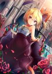  1girl alternate_costume bare_arms bare_shoulders black_ribbon black_skirt blonde_hair breasts building collarbone commentary_request dutch_angle eyebrows_visible_through_hair flandre_scarlet flower hair_between_eyes hair_ribbon highres lifted_by_self looking_at_viewer no_hat no_headwear orange_sky parted_lips petals red_eyes red_flower red_rose renka_(cloudsaikou) ribbon rose short_hair side_ponytail skirt skirt_lift sky slit_pupils small_breasts solo spaghetti_strap touhou wings 