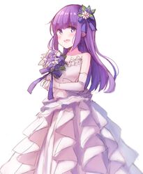  1girl :d aikatsu! bangs bare_shoulders blue_bow blush bouquet bow collarbone dress elbow_gloves eyebrows_visible_through_hair flower gloves hair_bow hair_flower hair_ornament highres hikami_sumire holding holding_bouquet looking_at_viewer makiaato open_mouth purple_flower simple_background sketch smile solo strapless strapless_dress white_background white_dress white_flower white_gloves 