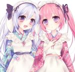  2girls :d ahoge blue_hair floral_print hand_up looking_at_viewer maid multiple_girls nako_(7cona5) open_mouth pink_hair smile standing twintails violet_eyes wa_maid 