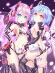  2girls :p armpits ass bare_shoulders blue_eyes blue_hair blush breasts butt_crack cleavage cowboy_shot demon_tail elbow_gloves gloves hair_between_eyes hand_on_own_ass headgear highres kazuneko_(wktk1024) leg_tattoo looking_at_viewer looking_back mechanical_tail mechanical_wings medium_hair multiple_girls navel nepnep_connect:_chaos_chanpuru neptune_(series) pink_eyes pink_hair power_symbol pubic_tattoo ram_(choujigen_game_neptune) revealing_clothes rom_(choujigen_game_neptune) siblings sideboob sisters small_breasts symbol-shaped_pupils tail tattoo thigh-highs tongue tongue_out twins white_sister_ram_(chaos_form) white_sister_rom_(chaos_form) wings 