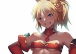  1girl :d bangs bare_shoulders blush braid breasts closed_eyes collar detached_sleeves fate/apocrypha fate_(series) french_braid grin highres long_hair looking_at_viewer medium_breasts mordred_(fate) mordred_(fate)_(all) open_mouth parted_bangs ponytail rahato sidelocks simple_background smile solo strapless teeth tsurime tubetop under_boob upper_body white_background 