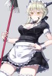  1girl alternate_costume apron artoria_pendragon_(all) artoria_pendragon_(lancer_alter) black_dress blonde_hair blush breasts carnival_phantasm commentary_request cosplay dress embarrassed enmaided fate/grand_order fate_(series) frills highres holding large_breasts maid maid_apron maid_headdress puffy_short_sleeves puffy_sleeves saber_alter saber_alter_(cosplay) short_sleeves solo thigh-highs waist_apron white_legwear wrist_cuffs xenonstriker yellow_eyes 