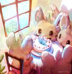  :3 :o artist_name brown_eyes cake chair closed_mouth commentary_request day food highres indoors manino_(mofuritaionaka) minccino no_humans parted_lips plant pokemon pokemon_(creature) potted_plant signature sitting smile table window 