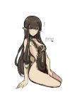  1girl apron black_hair blush breasts cleavage fate/apocrypha fate_(series) flying_sweatdrops long_hair looking_at_viewer nakatokung naked_apron pointy_ears semiramis_(fate) simple_background sitting solo very_long_hair white_background yellow_eyes 