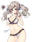  1girl 218 2018 blonde_hair bra breast_suppress breasts collarbone contrapposto cowboy_shot cucouroux_(granblue_fantasy) dated gluteal_fold granblue_fantasy hair_ribbon hands_on_own_chest lace lace-trimmed_bra lace-trimmed_panties large_breasts long_hair navel panties pout ribbon shiny shiny_skin simple_background solo speech_bubble twintails twitter_username underwear underwear_only violet_eyes wavy_hair white_background white_bra white_panties 